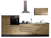 Küchenblock 320 mit Holzfronten, eingebautem Ofen, Dunstabzugshaube und Spüle, frontal betrachtet.