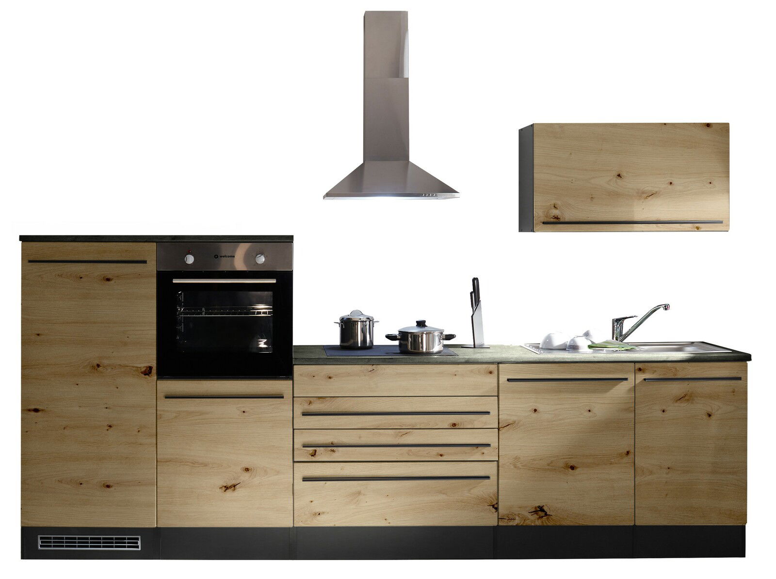 Küchenblock 320 mit Holzfronten, eingebautem Ofen, Dunstabzugshaube und Spüle, frontal betrachtet.