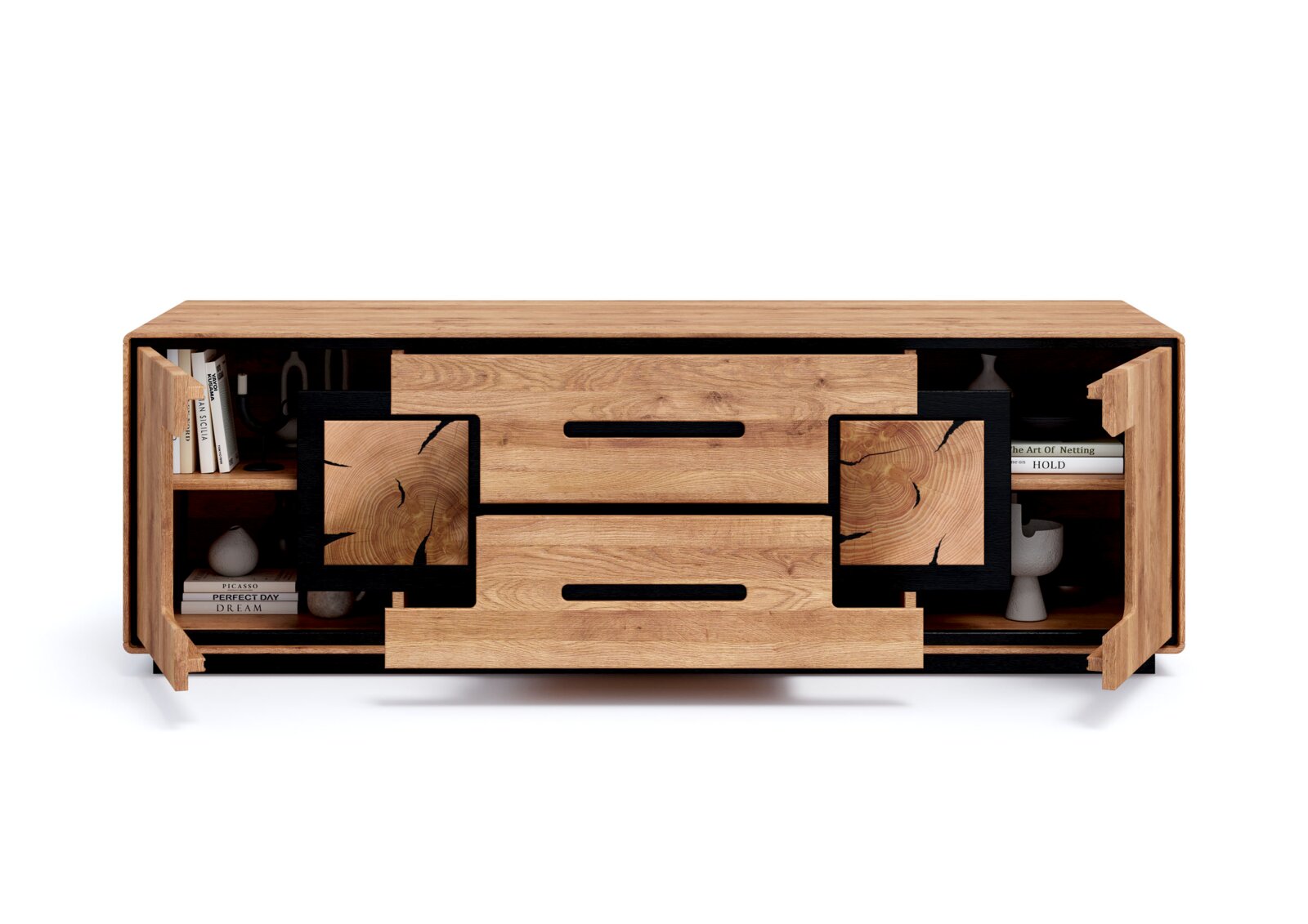 Vooraanzicht van een modern laag dressoir/tv-meubel van licht hout met zwarte accenten, twee lades en open vakken aan de zijkanten met boeken en decoratie