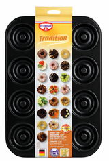 Donutbackform mit 12 Mulden, Vorderansicht, inklusive Verpackung mit Abbildungen von dekorierten Donuts.
