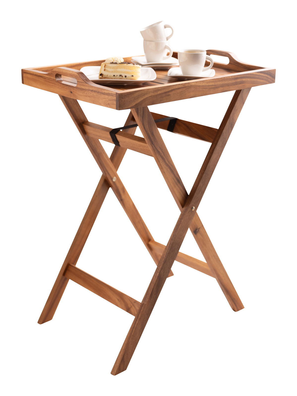 Holz-Serviertablett mit Standfuß, seitliche Perspektive, beladen mit Tassen und einem Stück Kuchen.