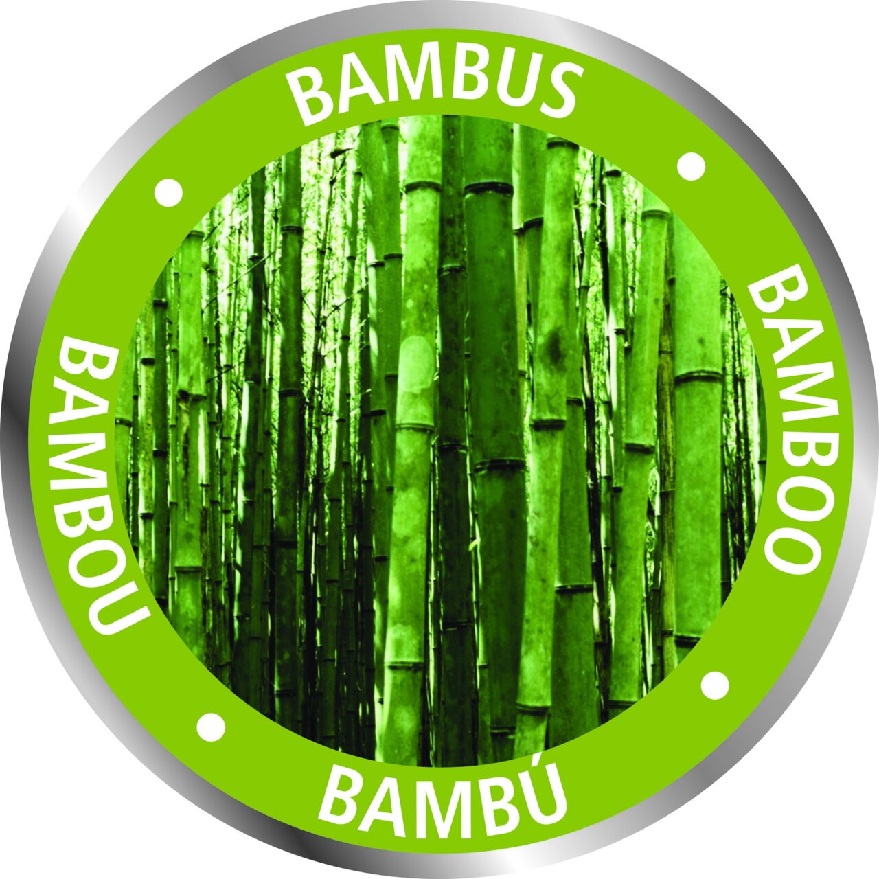 Runde grüne Plakette mit Bambusmotiv und dem Wort 'Bambus' in verschiedenen Sprachen, aus der Vorderansicht.