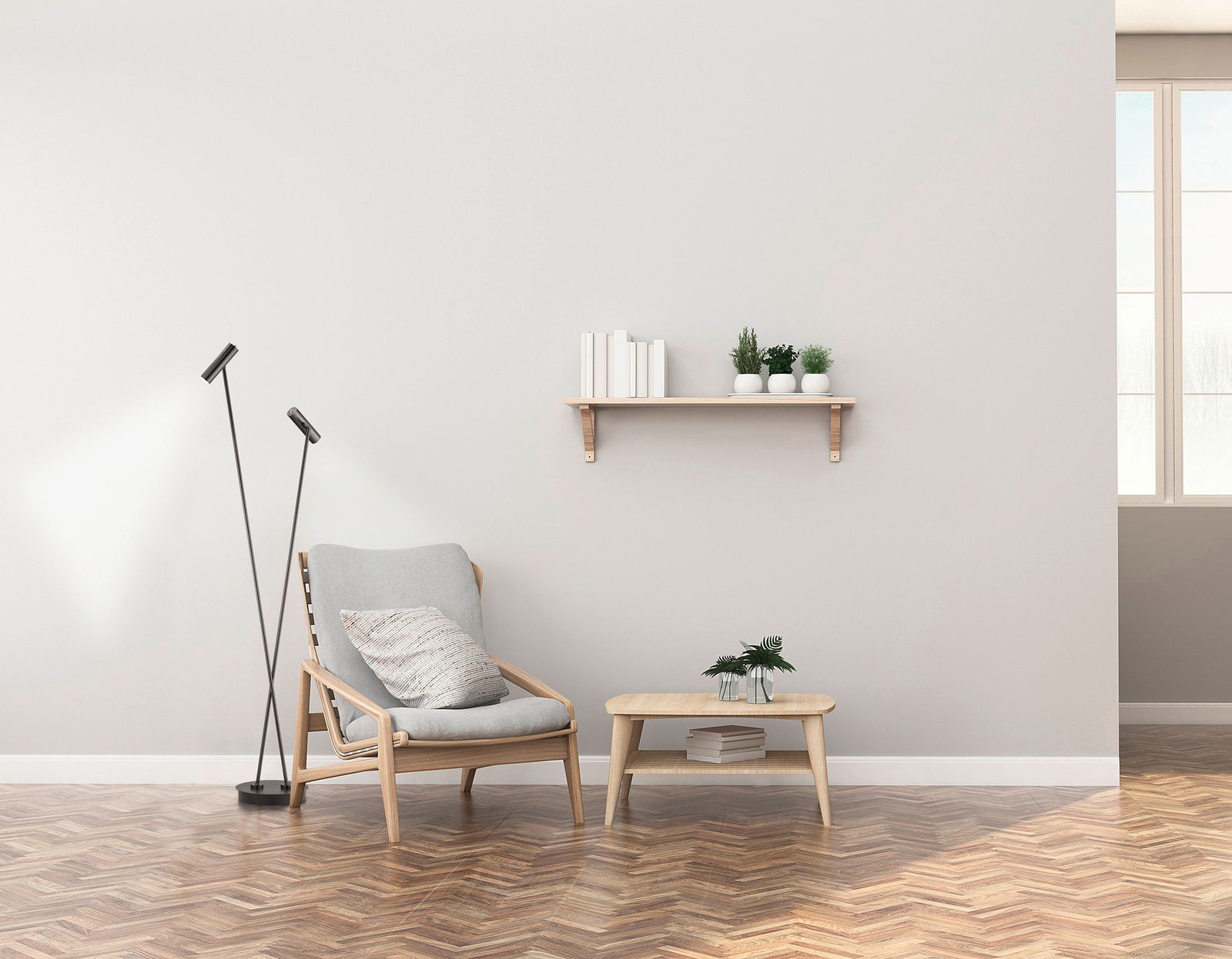 Hell LED-Stehleuchte TOM Moderne LED-Stehleuchte TOM in einem stilvollen Wohnzimmer, seitliche Perspektive.