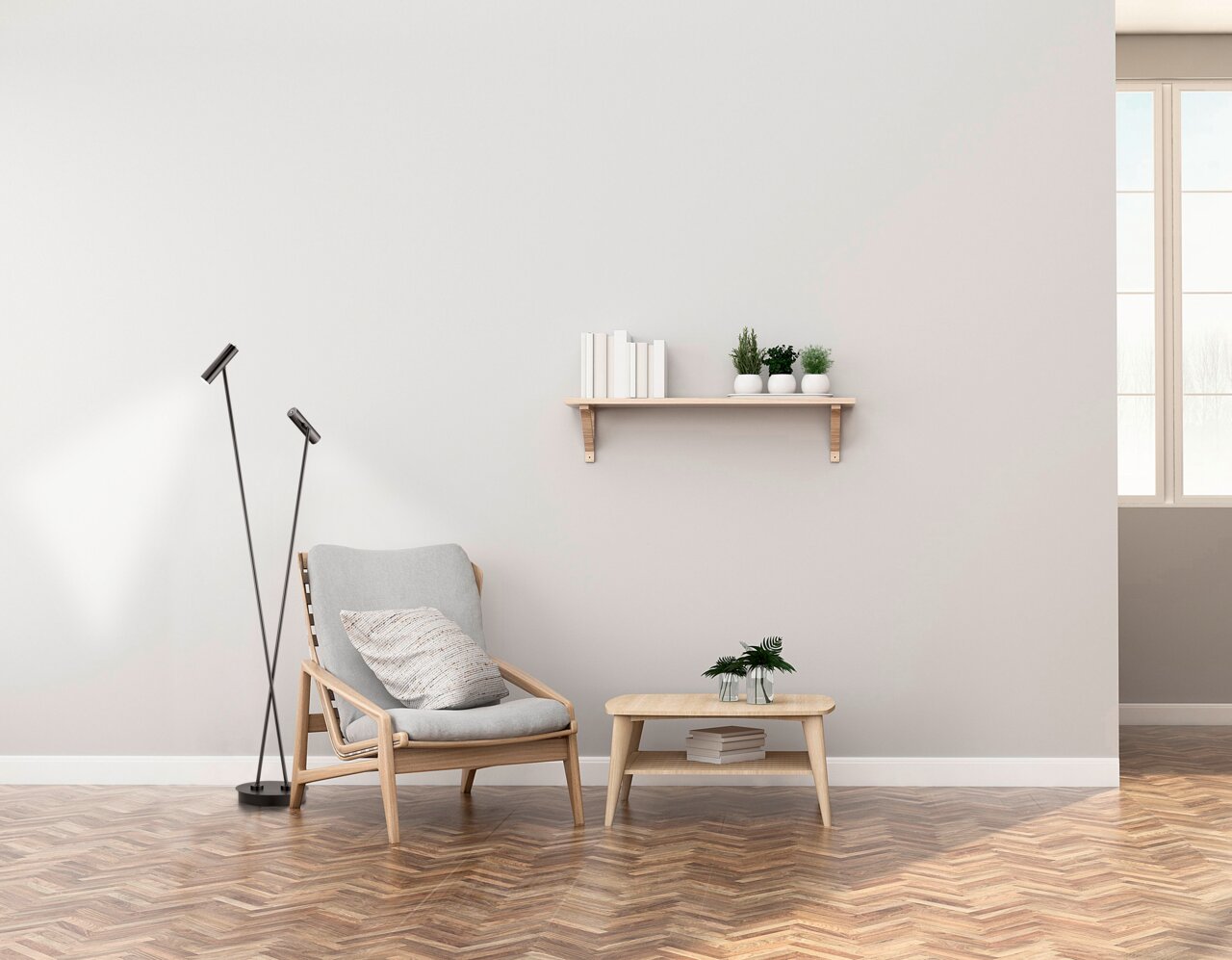 Moderne LED-Stehleuchte TOM in einem stilvollen Wohnzimmer, seitliche Perspektive.