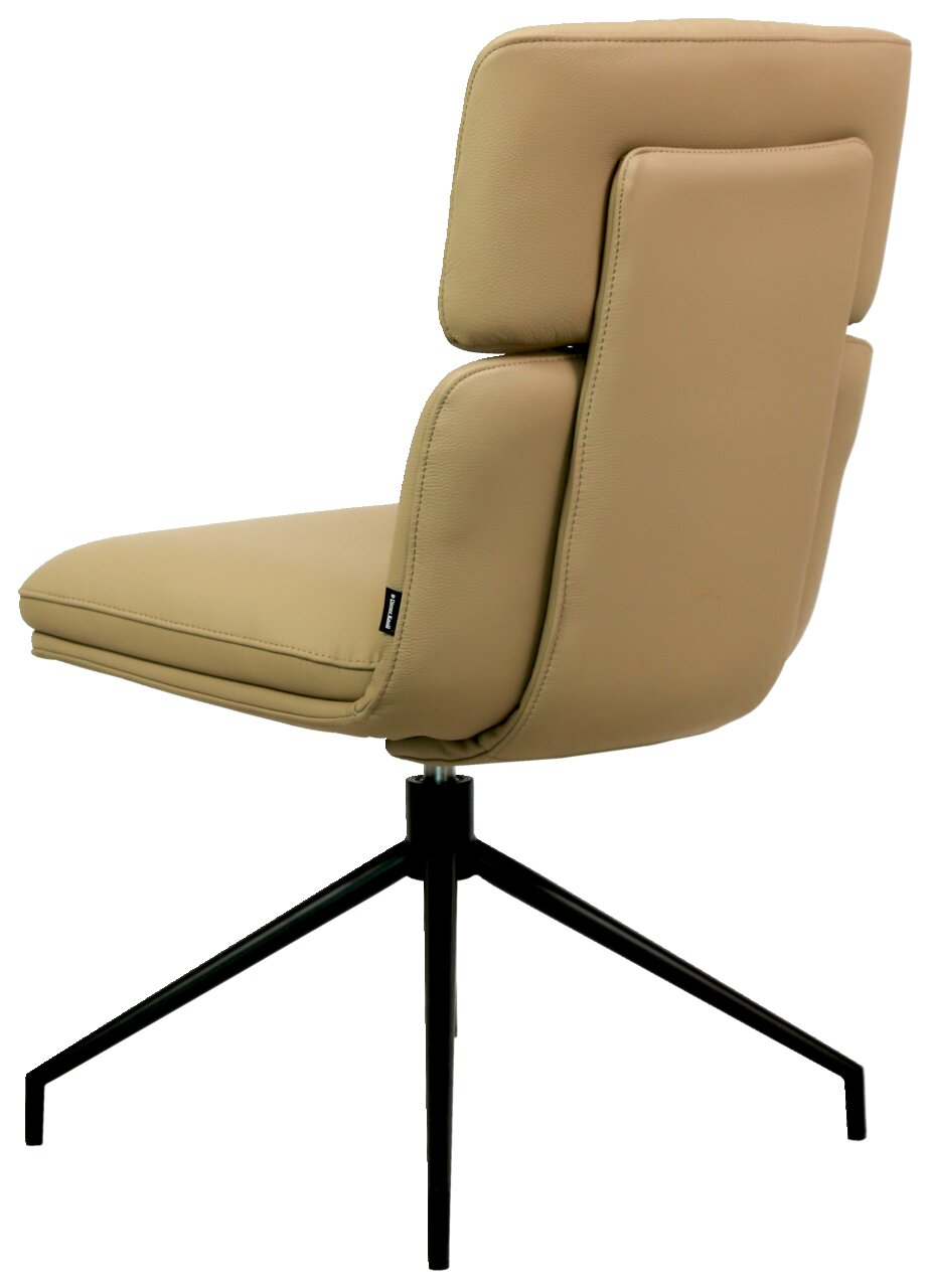 Moderne stoel in beige met een zwart metalen frame, zijaanzicht