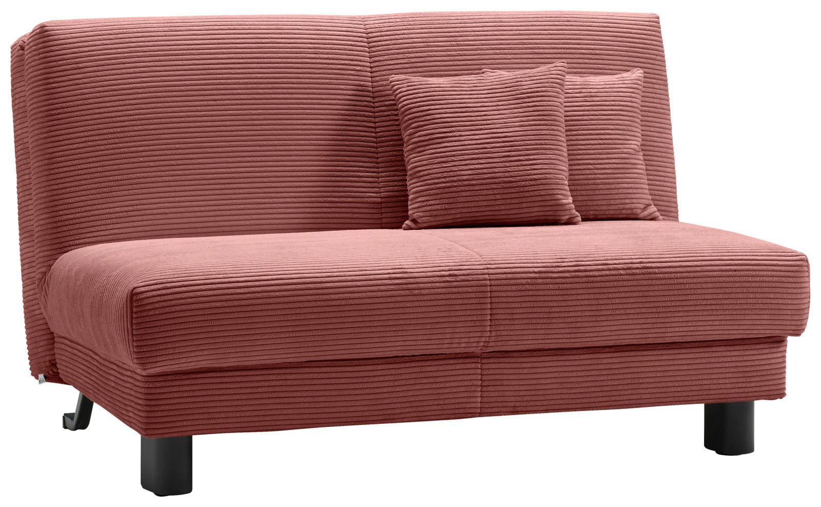 Z2 Schlafsofa ENNY Rosa Funktionssofa mit geripptem Stoffbezug, zwei passenden Kissen und schwarzem Metallfuß, seitliche Perspektive