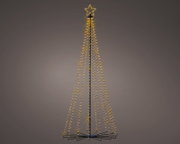Frontansicht eines modernen, kegelförmigen LED-Weihnachtsbaums mit schwarzem Metallgestell, warmweißen Lichterketten und leuchtendem Stern an der Spitze.