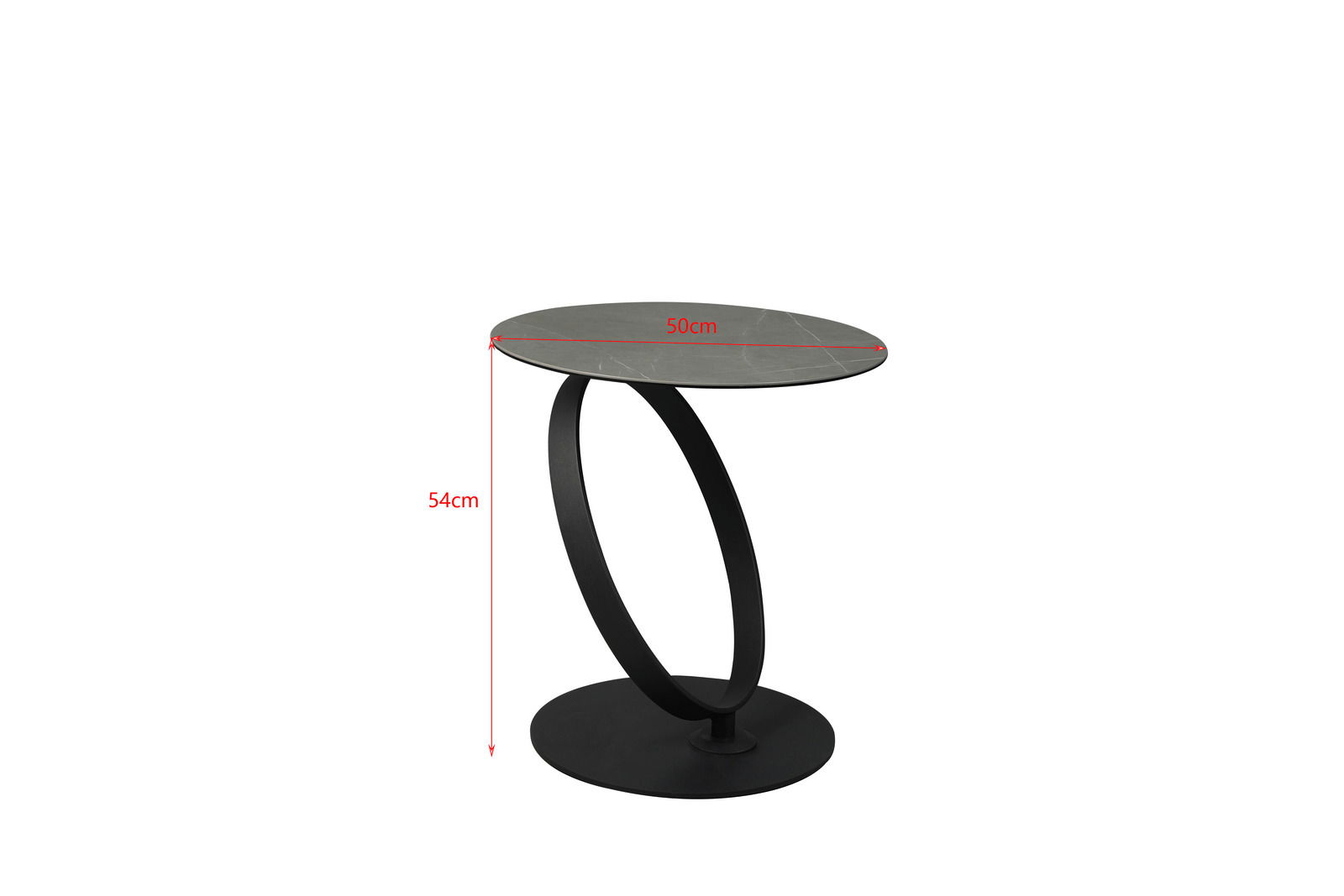 Moderner Beistelltisch mit rundem, grauem Tischplatte und schwarzem, ovalem Gestell, seitliche Perspektive.