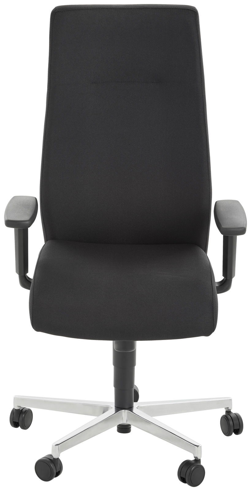 Schwarzer Chefsessel mit hoher Rückenlehne und Armlehnen, Vorderansicht