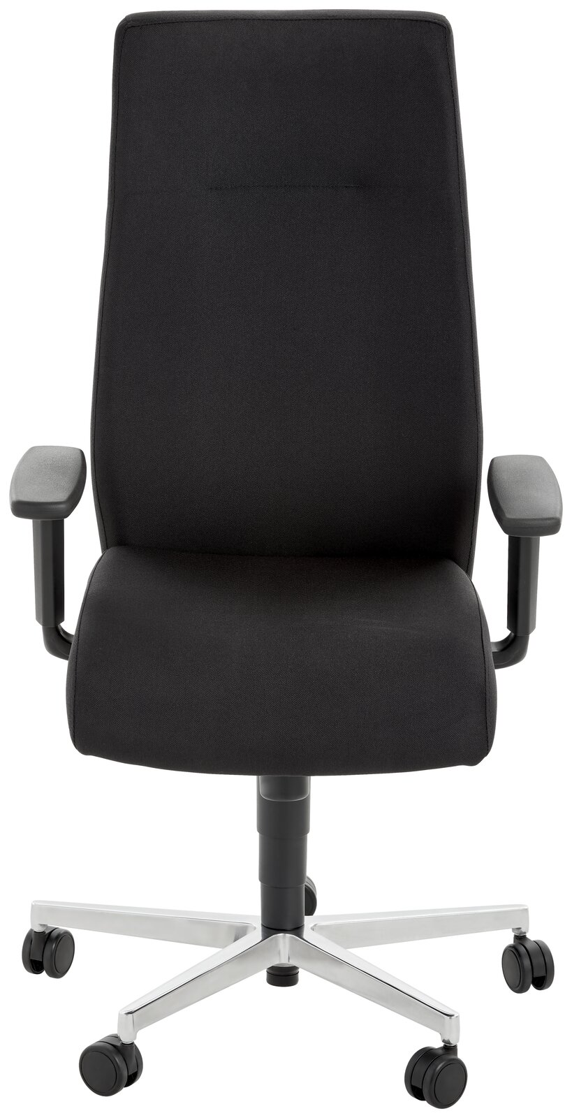 Schwarzer Chefsessel mit hoher Rückenlehne und Armlehnen, Vorderansicht