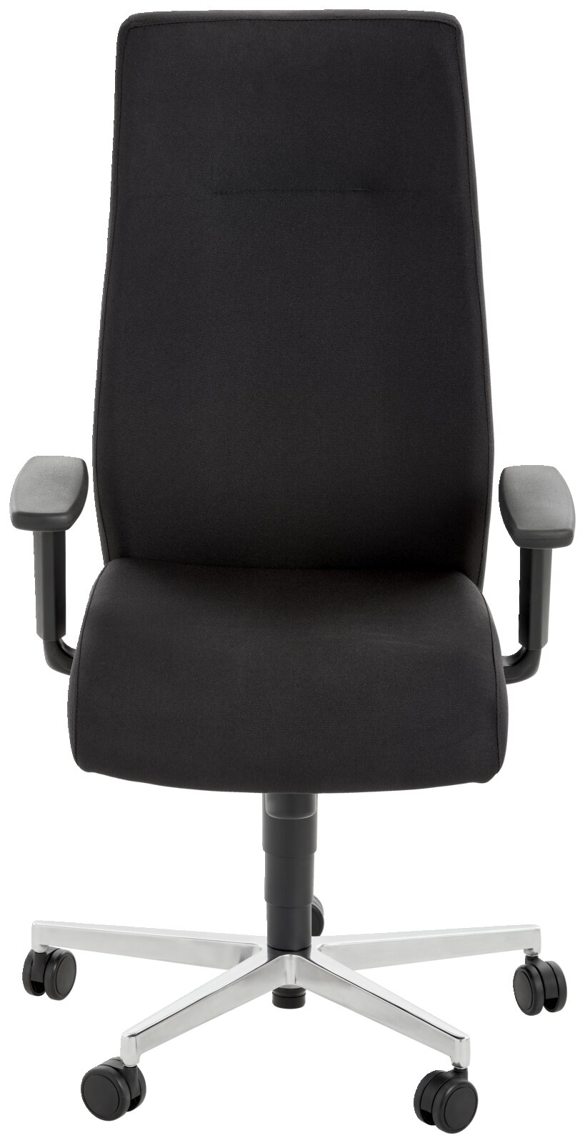 Schwarzer Chefsessel mit hoher Rückenlehne und Armlehnen, Vorderansicht