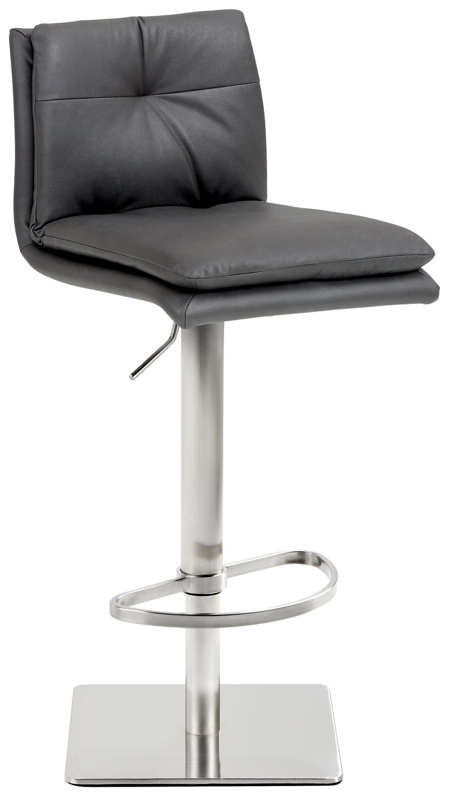 Moderner Barhocker mit grauem Polstersitz und Rückenlehne, verstellbarer Höhe und verchromtem Fußgestell, seitliche Perspektive