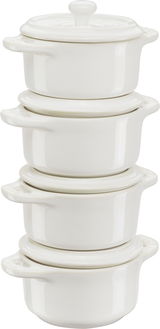 Stapel von vier elfenbeinfarbenen Mini-Cocottes aus Keramik, seitliche Perspektive