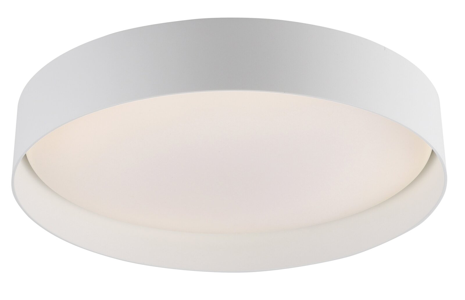 Runde, flache LED-Deckenleuchte in Weiß mit breitem Rahmen und diffuser Abdeckung, Produktansicht leicht von unten in Frontperspektive