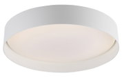 Runde, flache LED-Deckenleuchte in Weiß mit breitem Rahmen und diffuser Abdeckung, Produktansicht leicht von unten in Frontperspektive