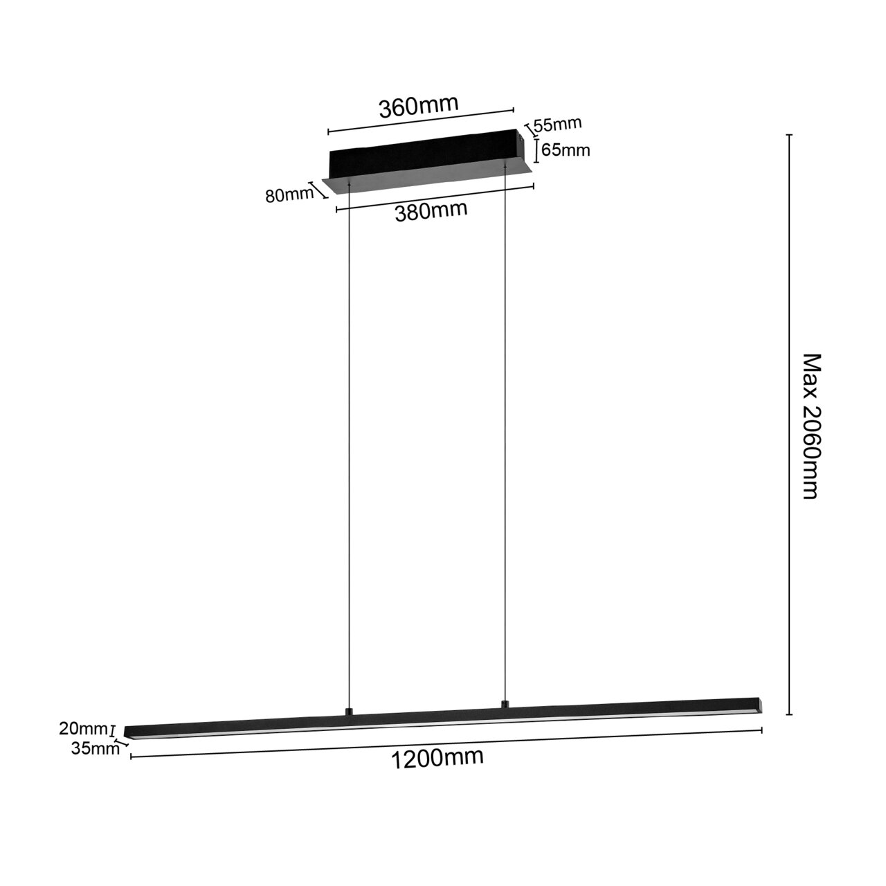 Technische maattekening van een zwarte, lineaire LED-hanglamp met twee ophangpunten, zijaanzicht; lengte 1200 mm, kap ca. 360–380 mm, maximale ophanghoogte 2060 mm.