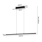Technische maattekening van een zwarte, lineaire LED-hanglamp met twee ophangpunten, zijaanzicht; lengte 1200 mm, kap ca. 360–380 mm, maximale ophanghoogte 2060 mm.