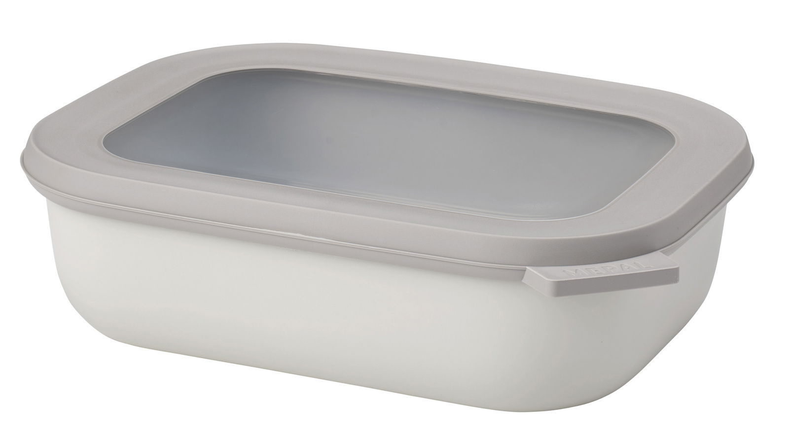 Rechteckige Multischüssel Cirqula mit grauem Deckel, seitliche Perspektive