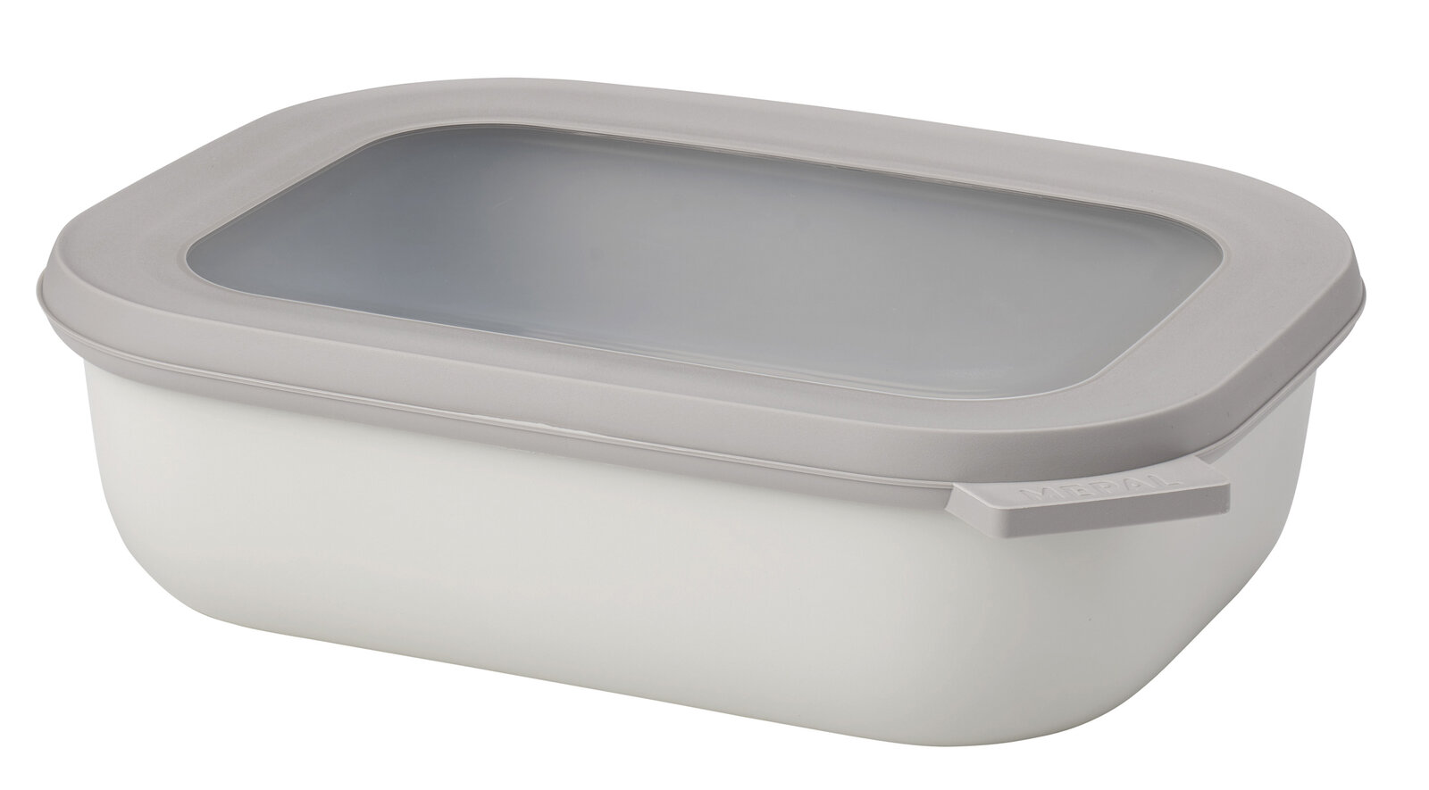 Rechteckige Multischüssel Cirqula mit grauem Deckel, seitliche Perspektive