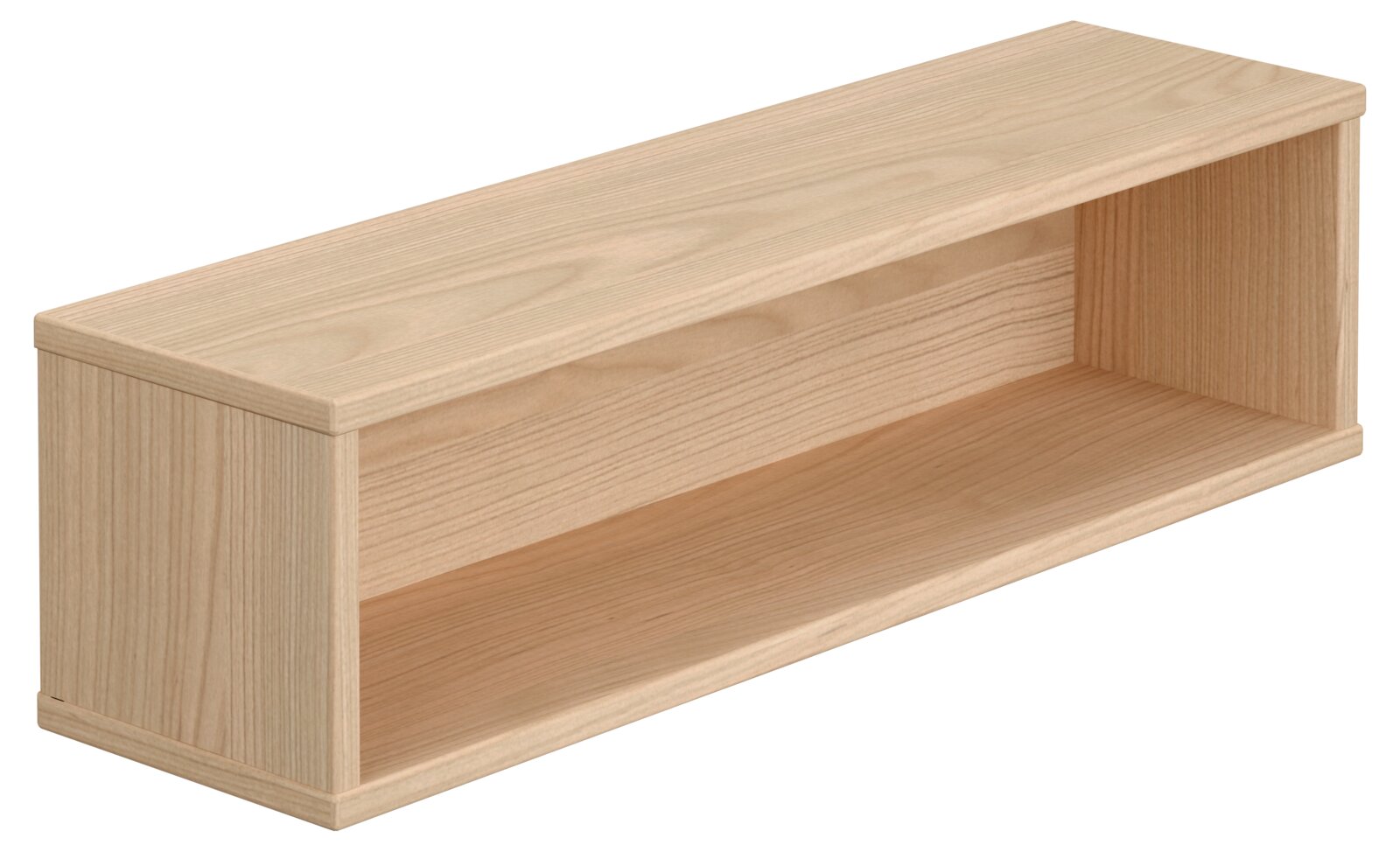 Rechthoekige, lange wandkast van licht hout, in perspectief gezien vanaf links vooraan