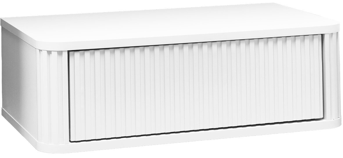 Witte rolluikkast/dressoir met geribbelde schuifdeur, productfoto schuin van voren