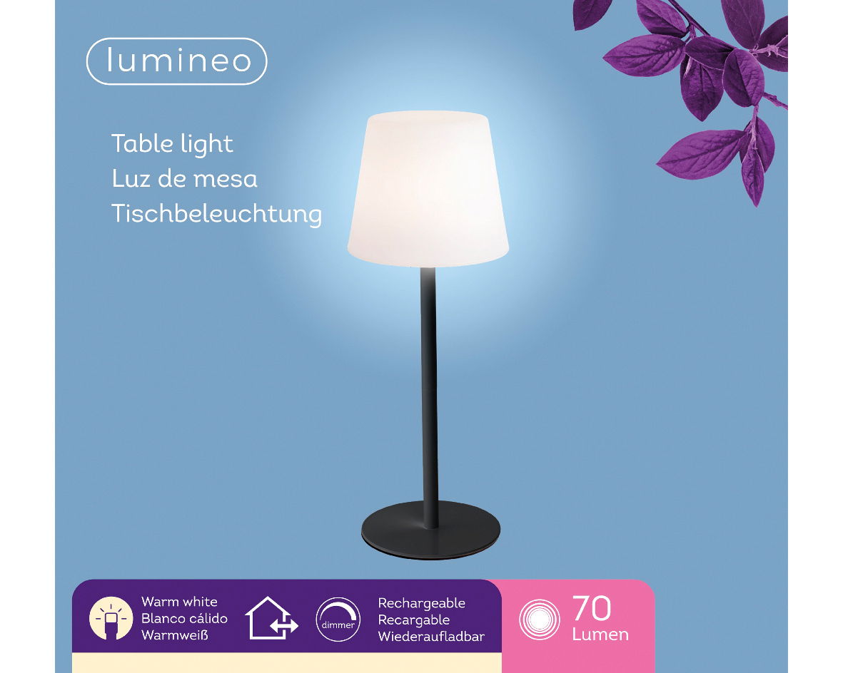 LED Tischlampe mit weißem Schirm und schwarzem Standfuß, seitliche Perspektive, warmweißes Licht, wiederaufladbar, 70 Lumen