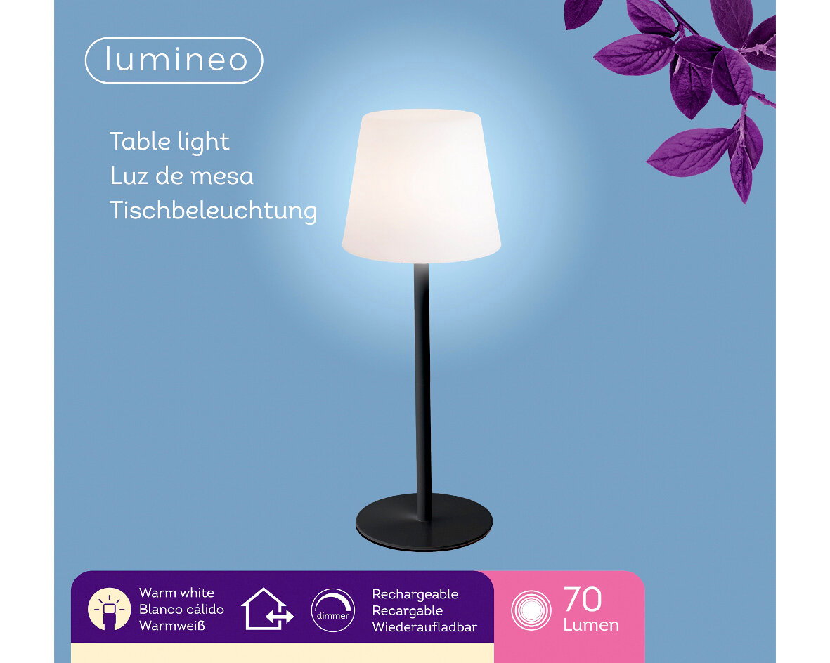 LED Tischlampe mit weißem Schirm und schwarzem Standfuß, seitliche Perspektive, warmweißes Licht, wiederaufladbar, 70 Lumen