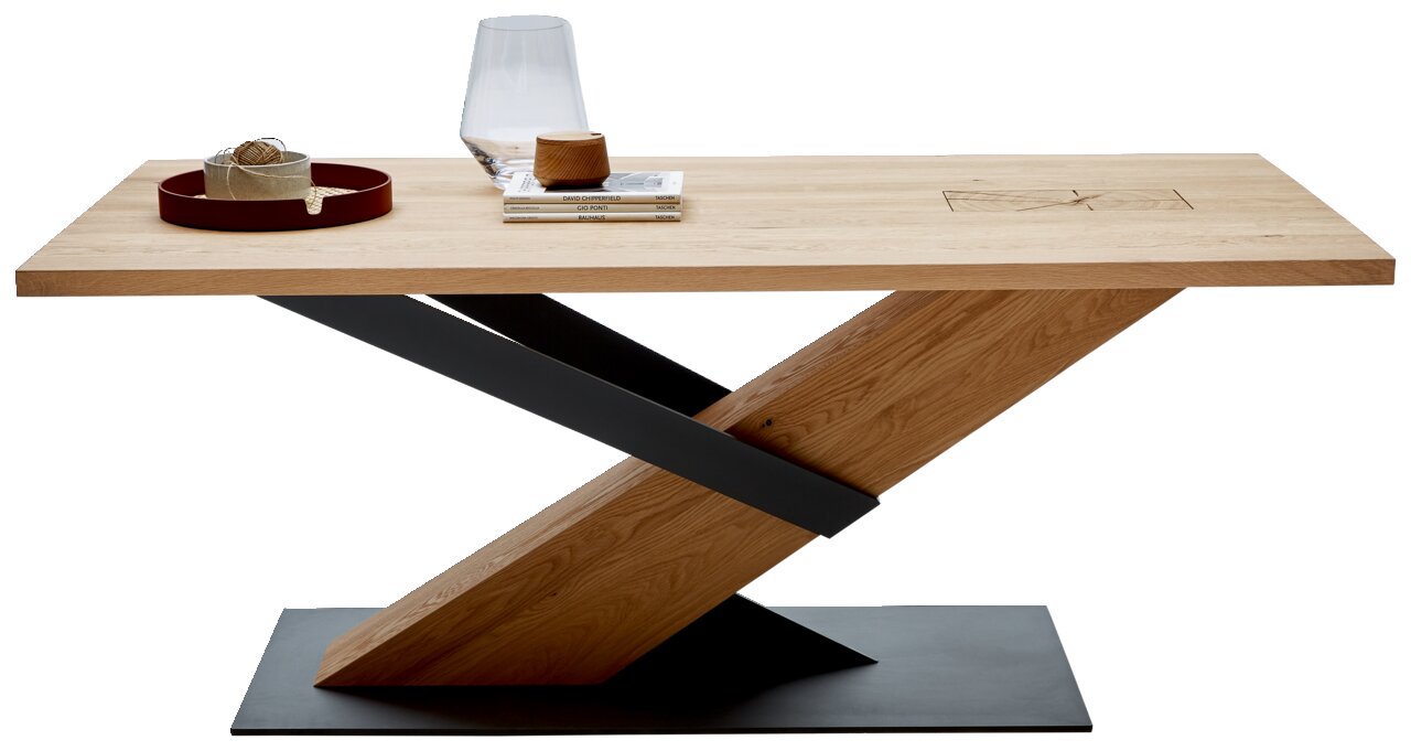 Moderner Esstisch mit einzigartigem Z-förmigem Holzgestell und Metallbasis, seitliche Perspektive.