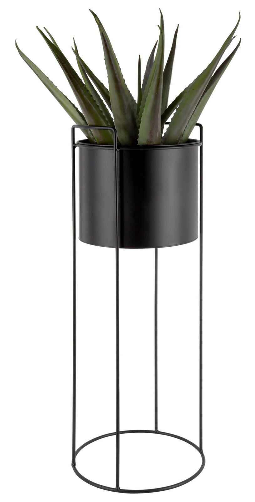 Schwarzer Pflanzkübel auf hohem, schlankem Metallgestell mit grüner Pflanze, seitliche Perspektive