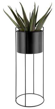 Schwarzer Pflanzkübel auf hohem, schlankem Metallgestell mit grüner Pflanze, seitliche Perspektive