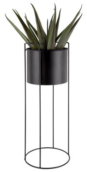 Schwarzer Pflanzkübel auf hohem, schlankem Metallgestell mit grüner Pflanze, seitliche Perspektive