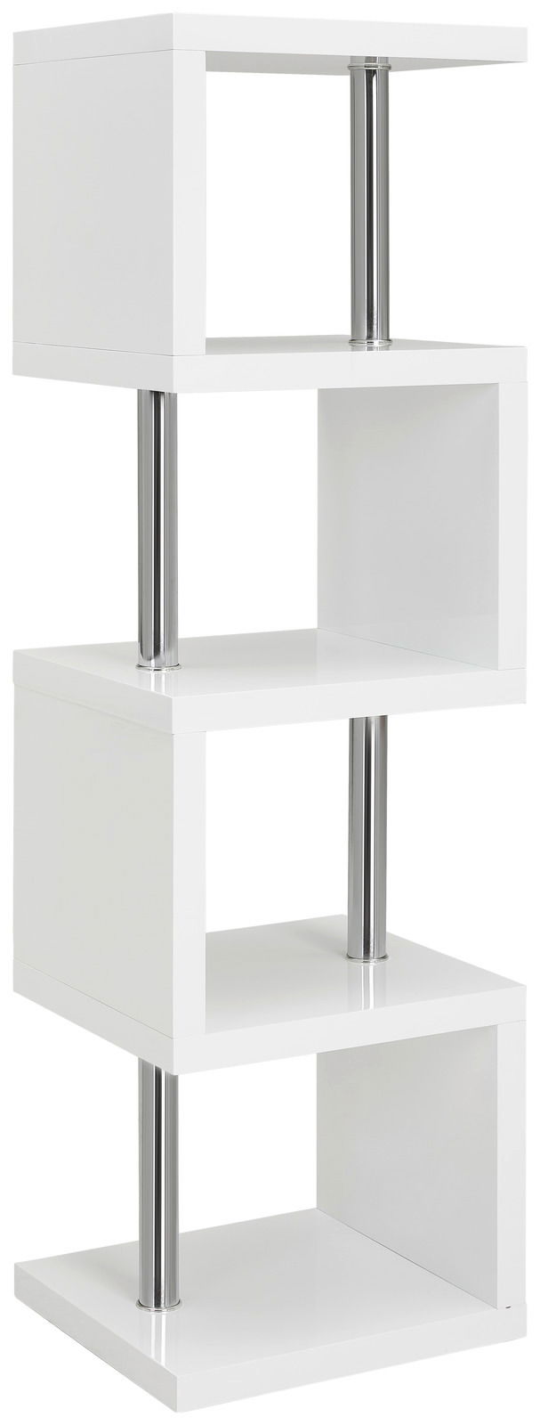 XORA Regal KAZUMI Weißes, modernes Regal mit vier versetzten Ablagen und silbernen Metallstützen, seitliche Perspektive