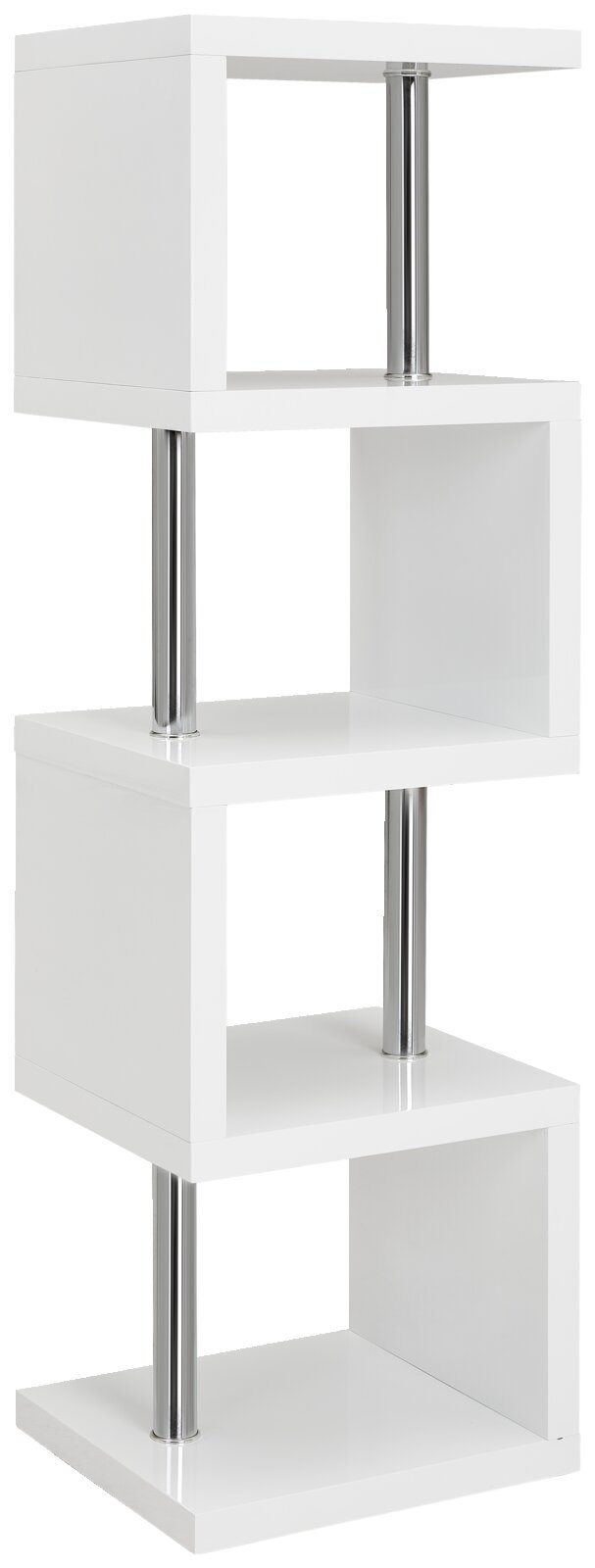 Weißes, modernes Regal mit vier versetzten Ablagen und silbernen Metallstützen, seitliche Perspektive