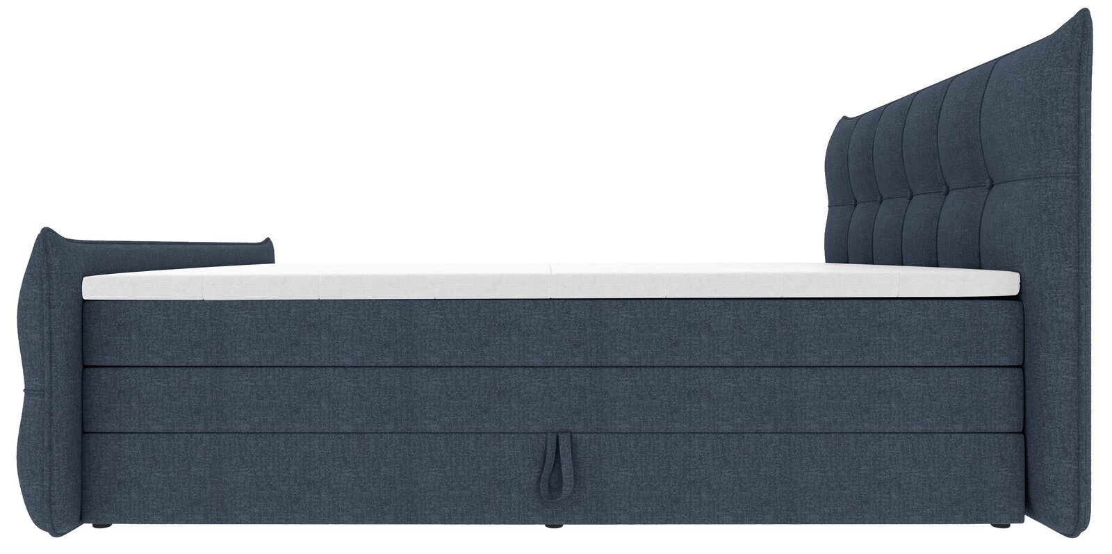 Blaues, gepolstertes Boxspringbett mit hohem, gestepptem Kopfteil und niedrigem Fußteil, weiße Matratzenauflage, Seitenansicht (Profil) vor weißem Hintergrund