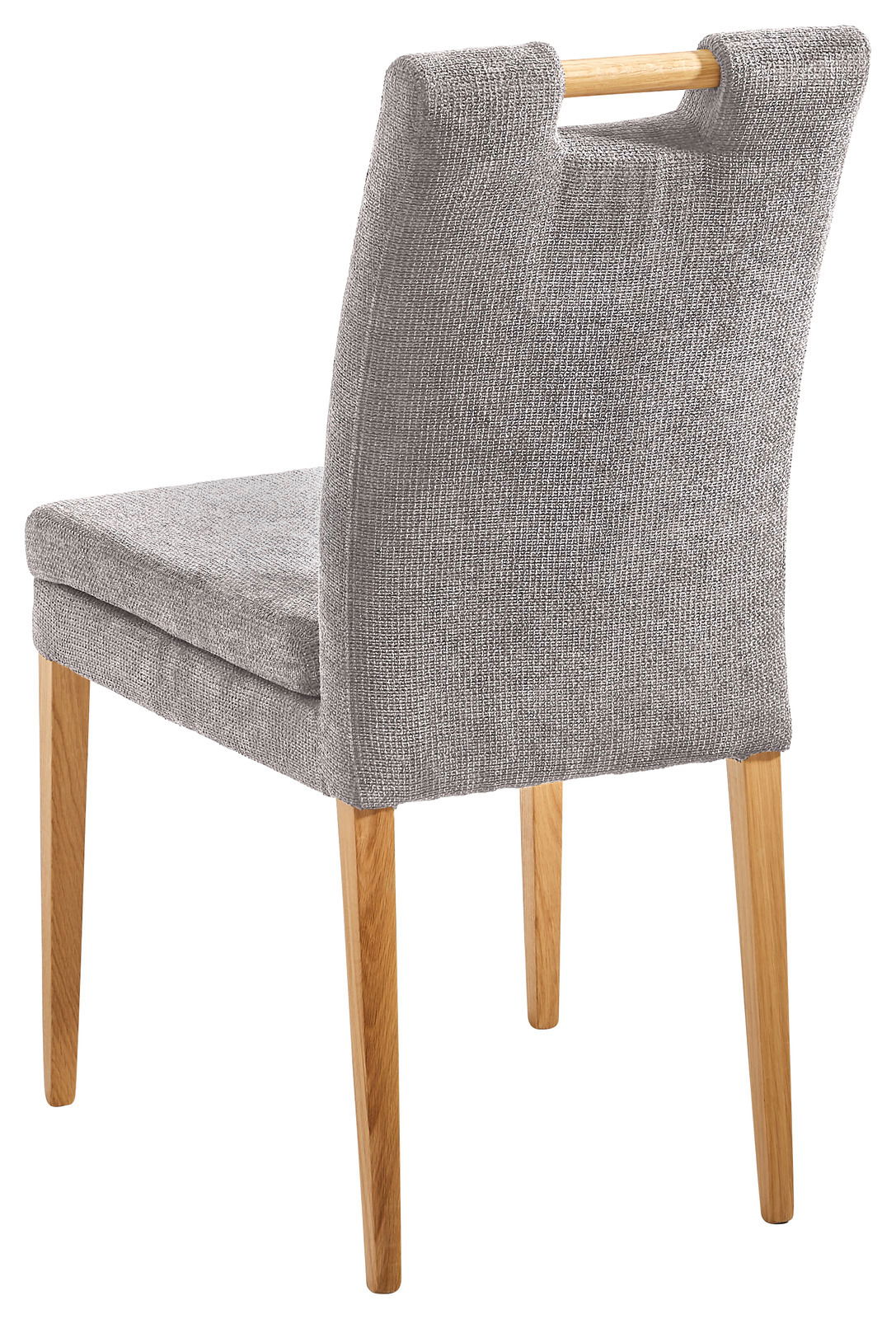 Rückansicht eines grauen Stuhls mit Holzbeinen und einem Holzgriff an der Rückenlehne