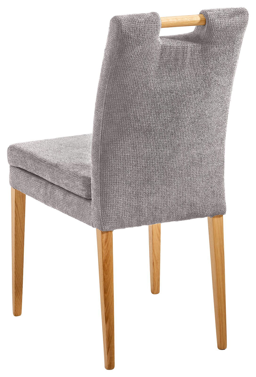 Rückansicht eines grauen Stuhls mit Holzbeinen und einem Holzgriff an der Rückenlehne