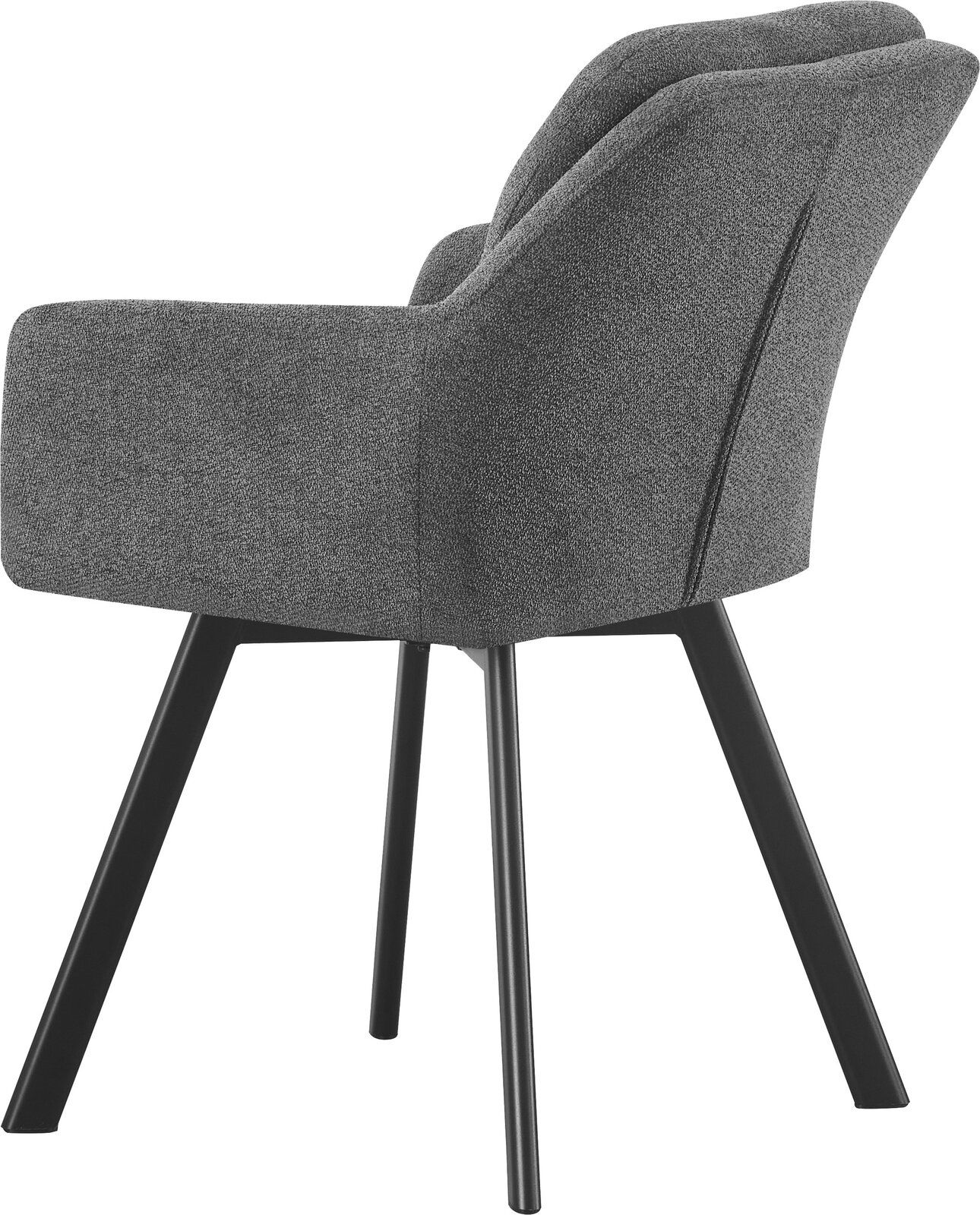 Gepolsterter Esszimmerstuhl mit Armlehnen in grauem Stoffbezug und schwarzen Metallbeinen, Seitenansicht von links vor weißem Hintergrund