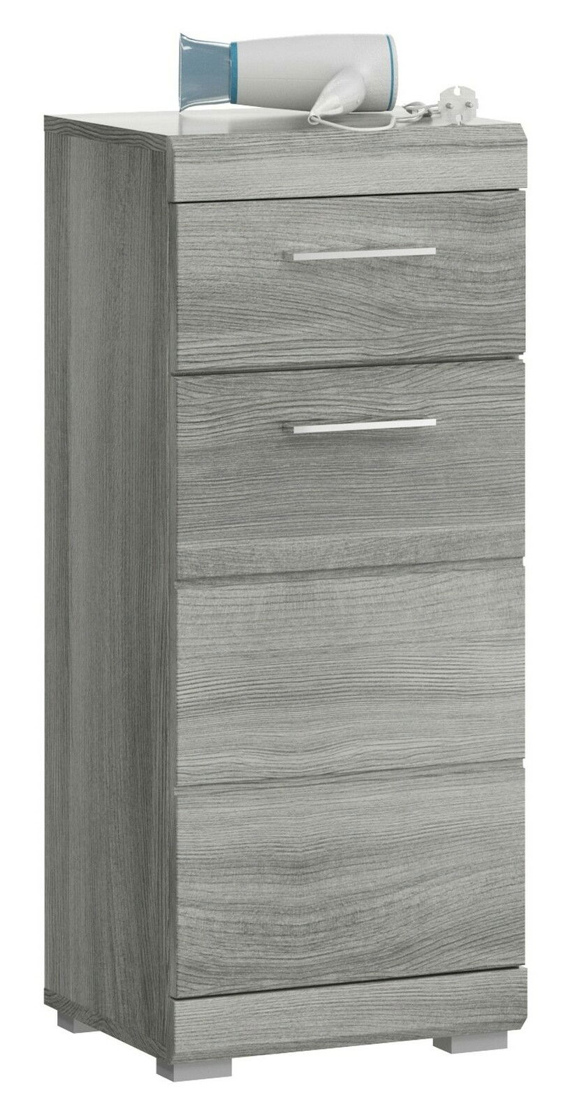 Grauer Standschrank mit drei Schubladen, seitliche Perspektive, mit einem Haartrockner obenauf.