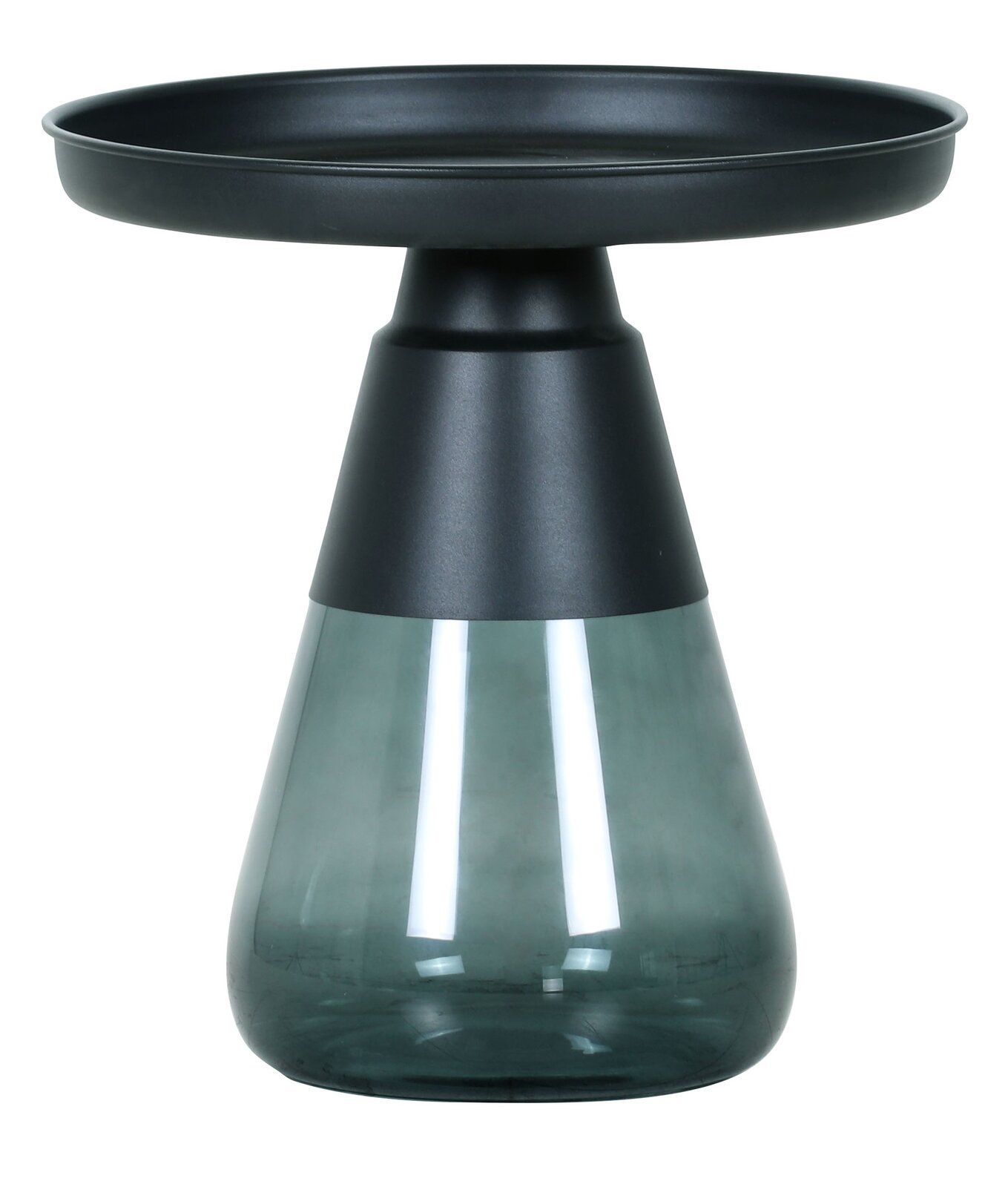 Schwarzer Beistelltisch mit runder Ablage, mattem Metallfuß und getöntem Glasunterteil, freigestellt auf weißem Hintergrund, Frontansicht auf Augenhöhe.