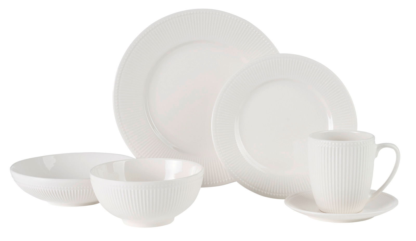 Weißes Kombiservice 24-tlg. Nele mit Teller, Schalen und Tasse, seitliche Perspektive