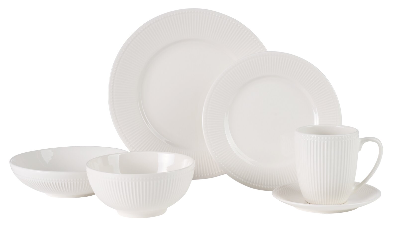 Weißes Kombiservice 24-tlg. Nele mit Teller, Schalen und Tasse, seitliche Perspektive