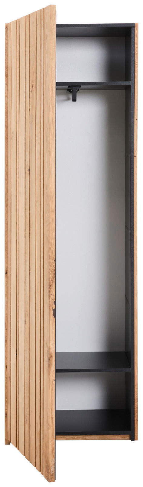 Offener Garderobenschrank aus Holz mit vertikalen Lamellen, seitliche Perspektive
