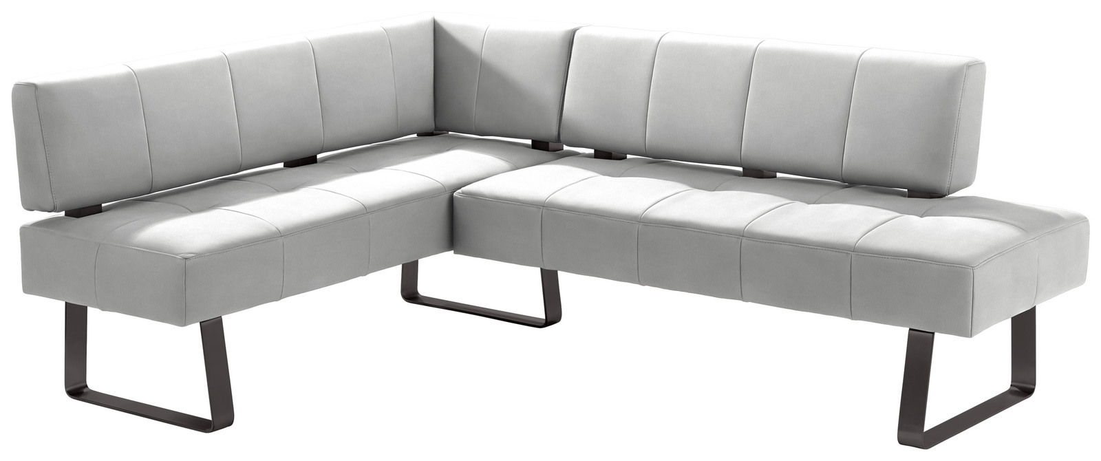 Graue Eckbank mit modernem Design und Metallbeinen, seitliche Perspektive