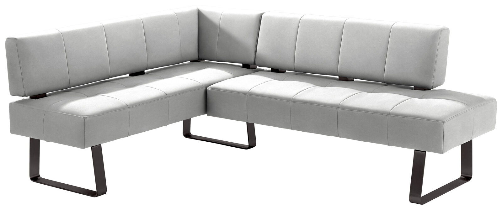 Graue Eckbank mit modernem Design und Metallbeinen, seitliche Perspektive