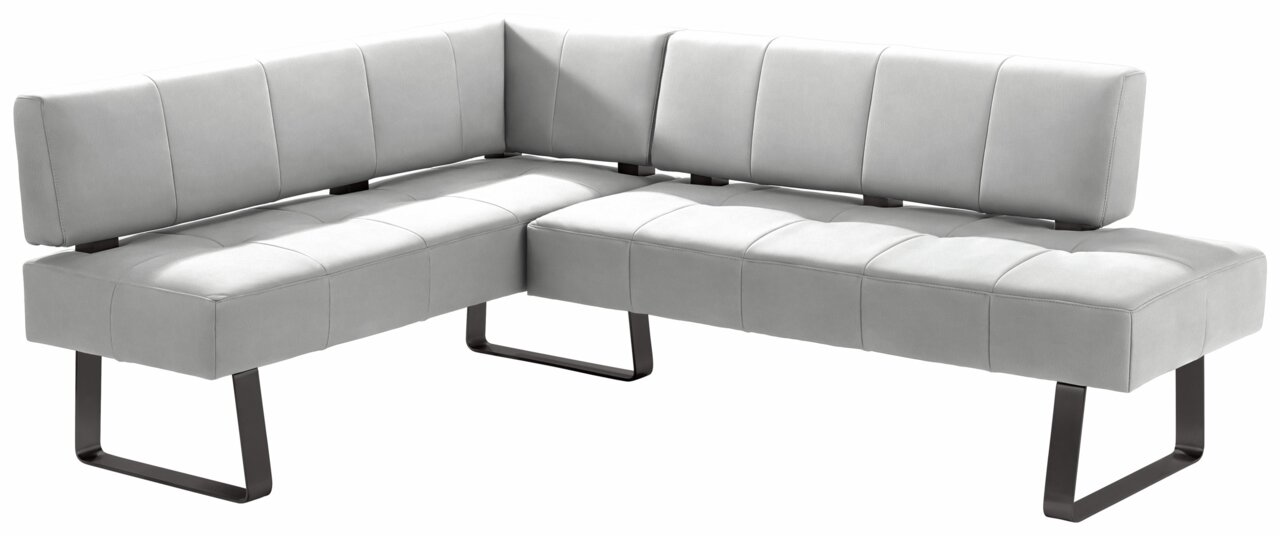 Graue Eckbank mit modernem Design und Metallbeinen, seitliche Perspektive