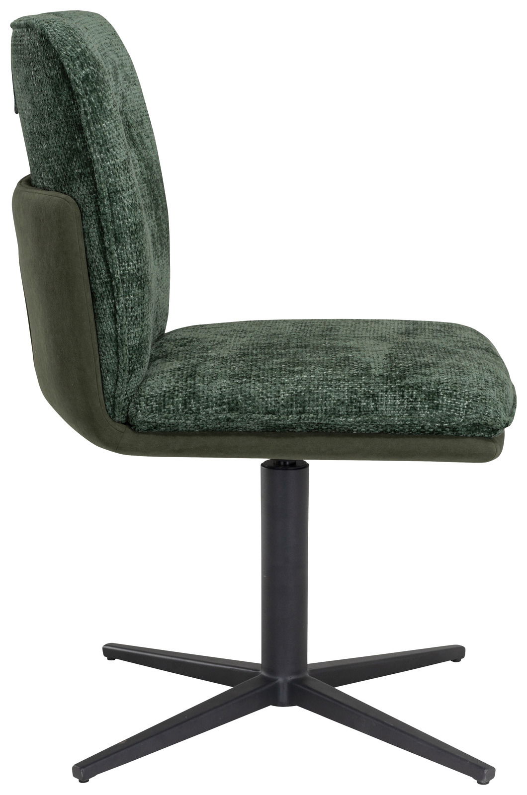 Seitenansicht eines grünen Stuhls mit schwarzem Metallfuß und gepolsterter Sitzfläche und Rückenlehne.