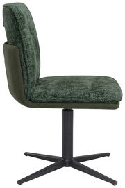 Seitenansicht eines grünen Stuhls mit schwarzem Metallfuß und gepolsterter Sitzfläche und Rückenlehne.