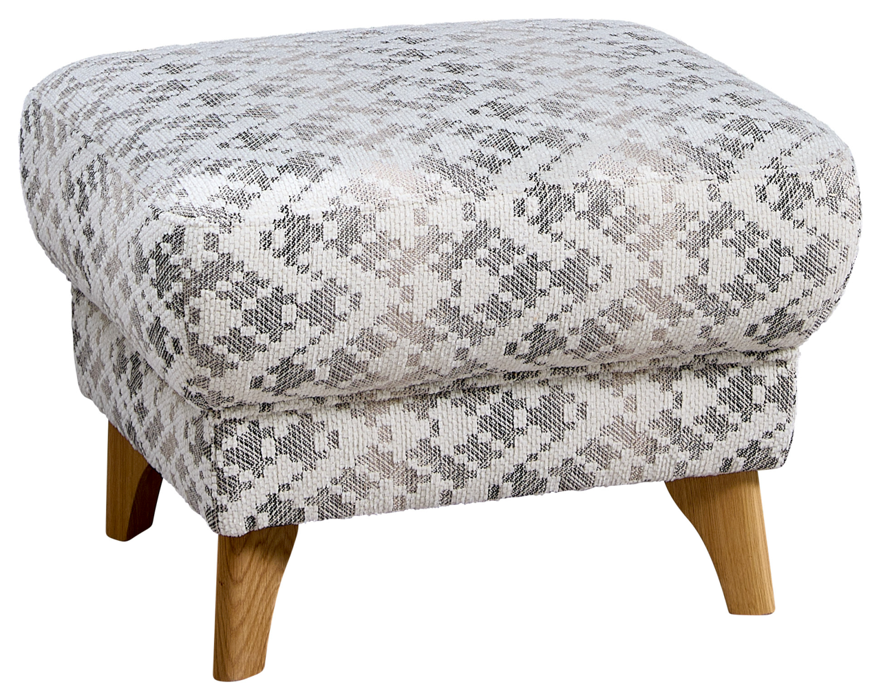 Moderner Hocker mit gemustertem Stoffbezug und Holzbeinen, seitliche Perspektive