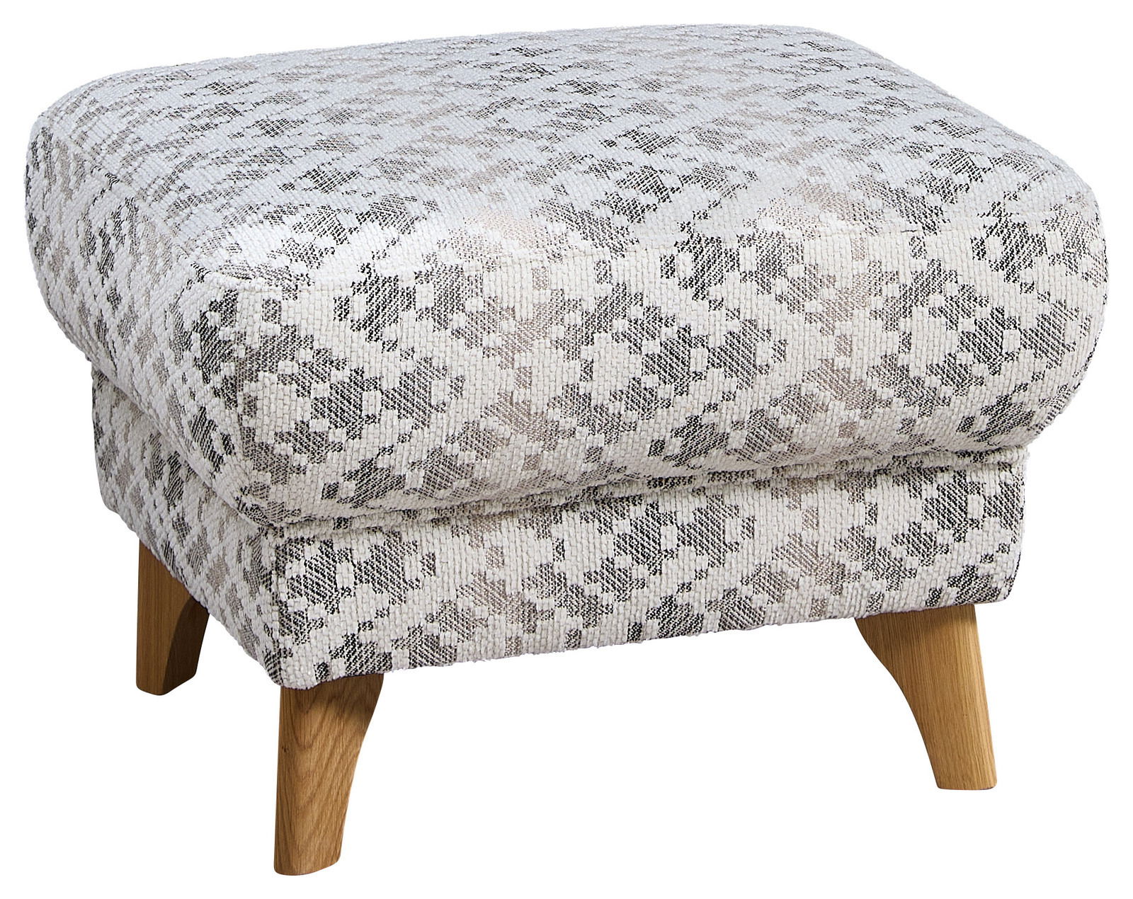 Moderner Hocker mit gemustertem Stoffbezug und Holzbeinen, seitliche Perspektive