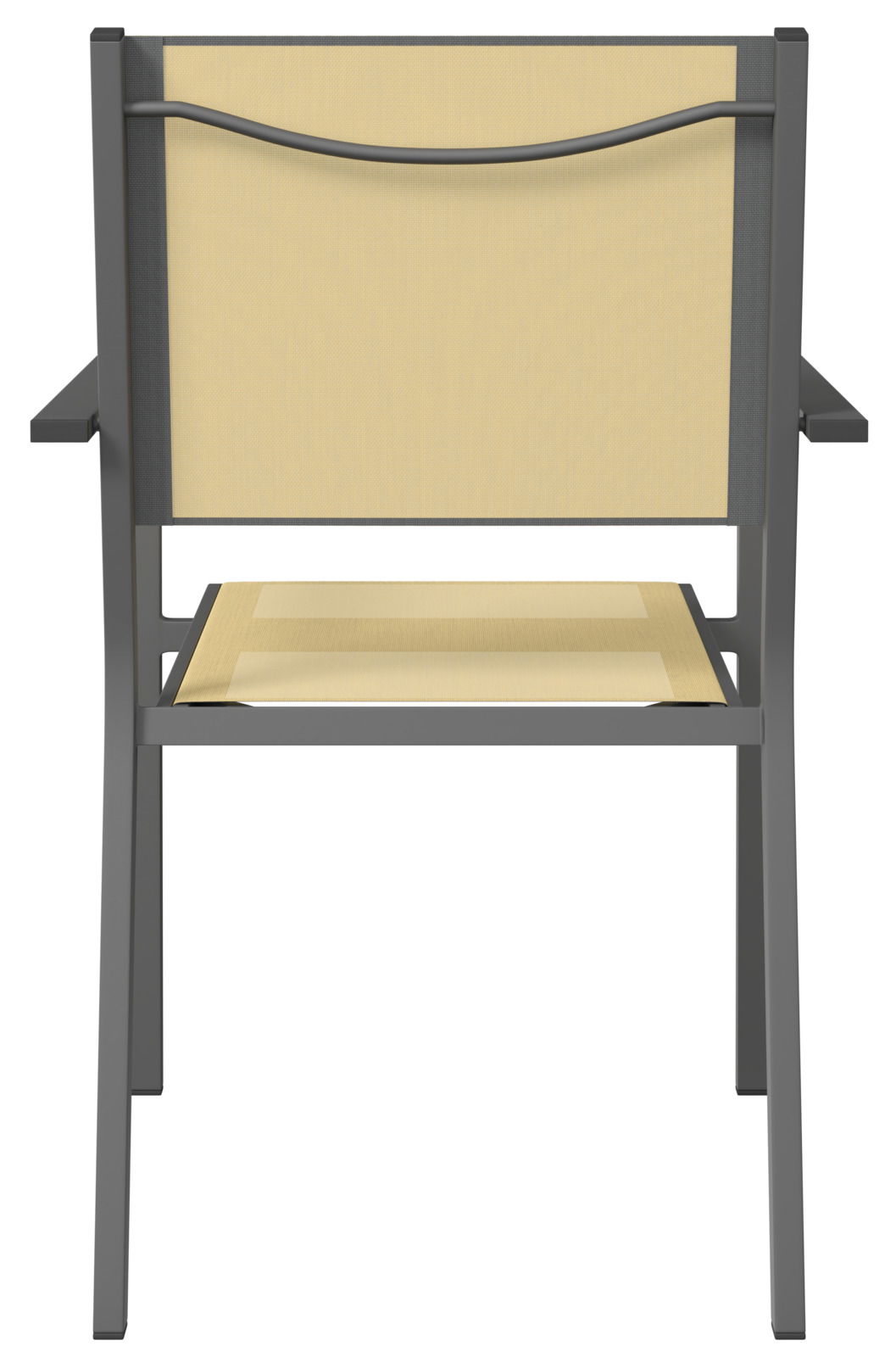 Rückansicht eines Stapelsessels mit gelber Sitzfläche und Rückenlehne, schwarzem Metallrahmen und Armlehnen.